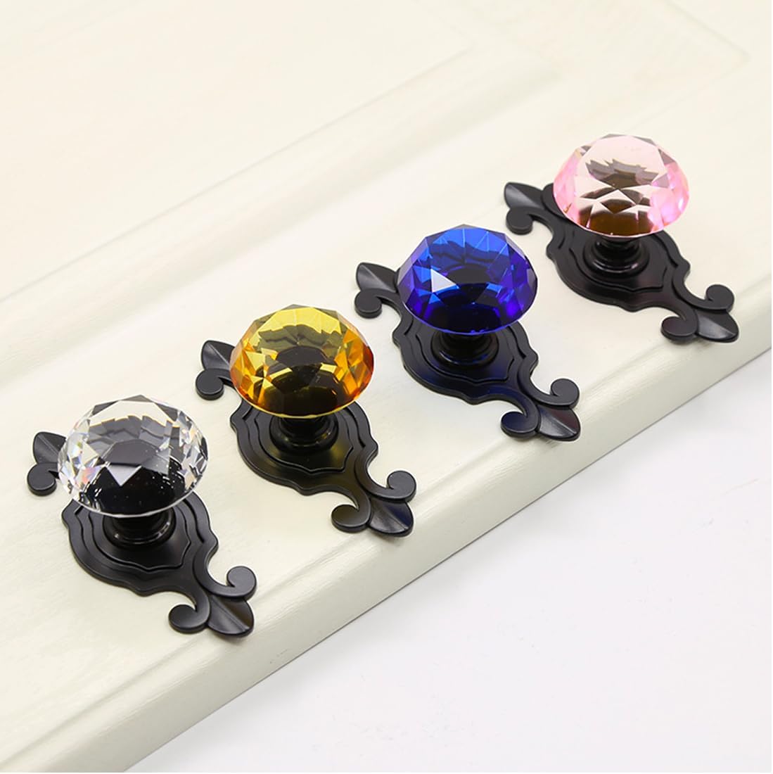 Crystal Glass Cabinet Knobs, Elegant Diamond Drawer Knobs with Plate, Dresser Pull Handles for Kitchen/Cupboard/Wardrobe/Cabinet (12, Crystal-Backplate)