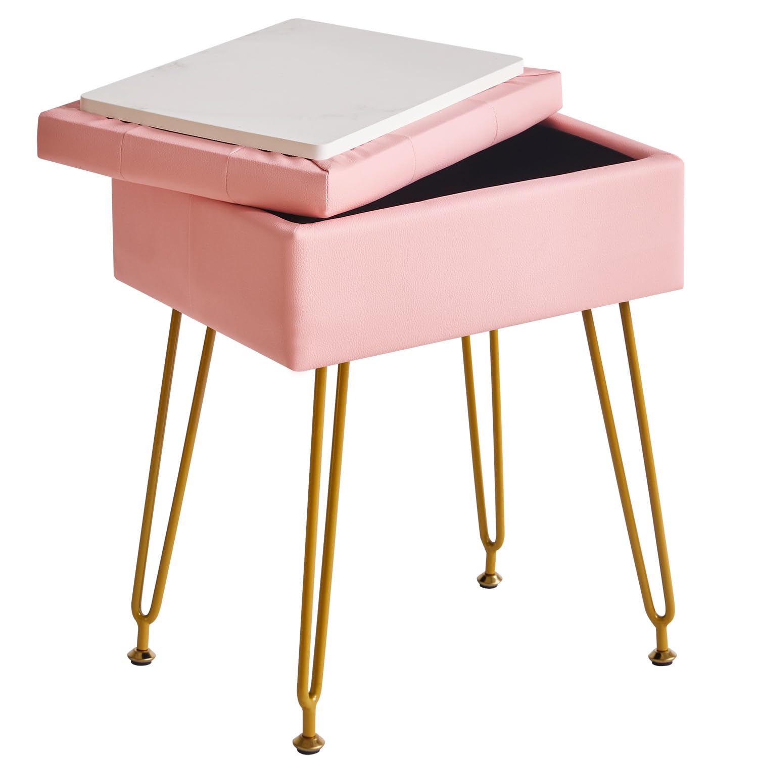 IBUYKE Multifunzionale Stoccaggio Vanity Sgabello con Flip Table, Gambe in Metallo Regolabili & Pelle PU - 40x30x48cm Poggiapiedi ottomano per Trucco, Soggiorno, Ingresso Rosa WBD014P