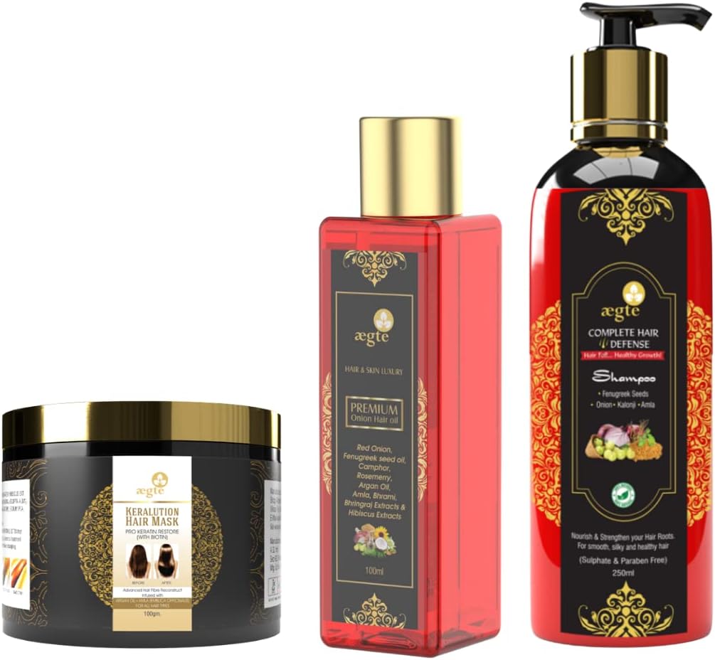 Aegte Hair Care Kit (Onion Oil, Shampoo & Keralution Hair Mask)