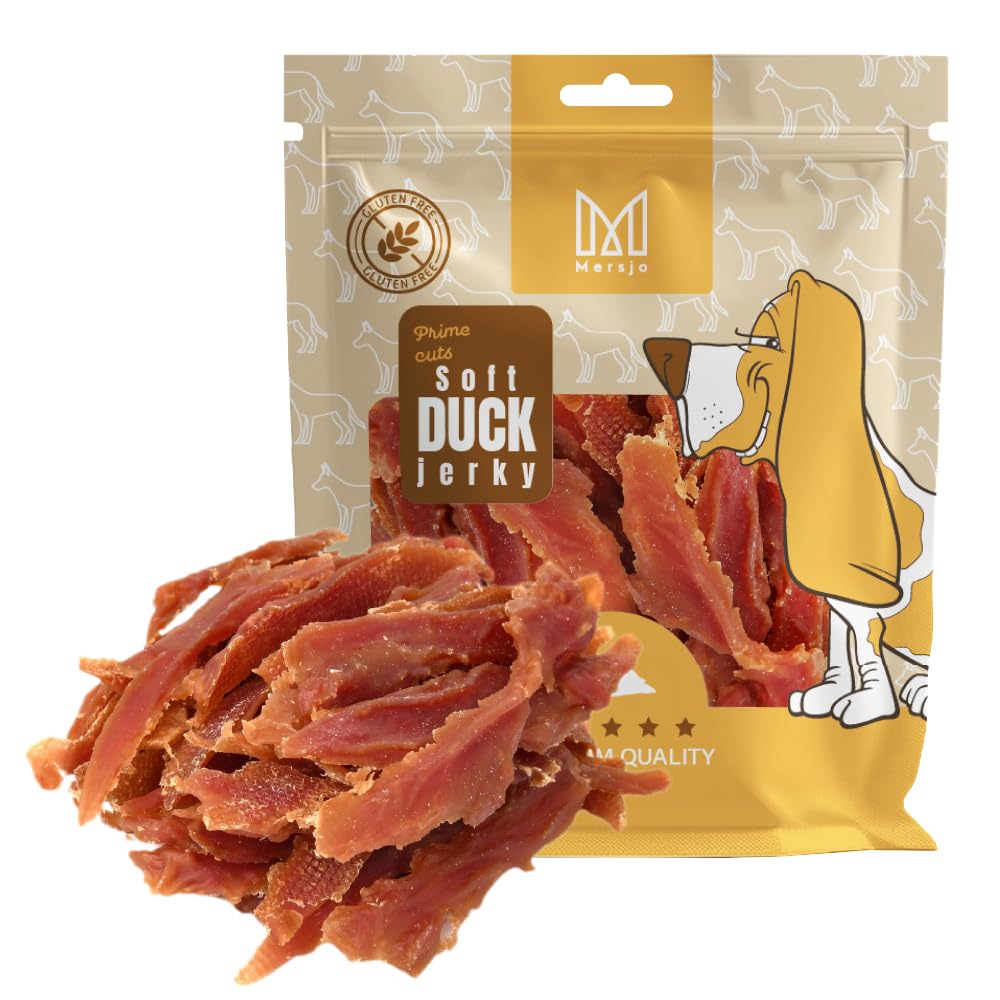 MERSJO Soft Duck Jerky, weiche, schonend luftgetrocknete Entenbrustfilets für Hunde – 92 % Fleisch, 100 % natürlich, glutenfrei & ohne Weizen, proteinreich & fettarm, Hundesnacks, Hundeleckerli, 500 g