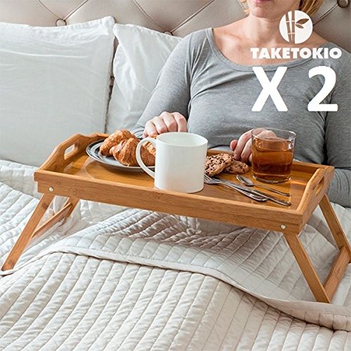 Lot DE 2 - Plateau sur Pied Petit Déjeuner au Lit Bambou