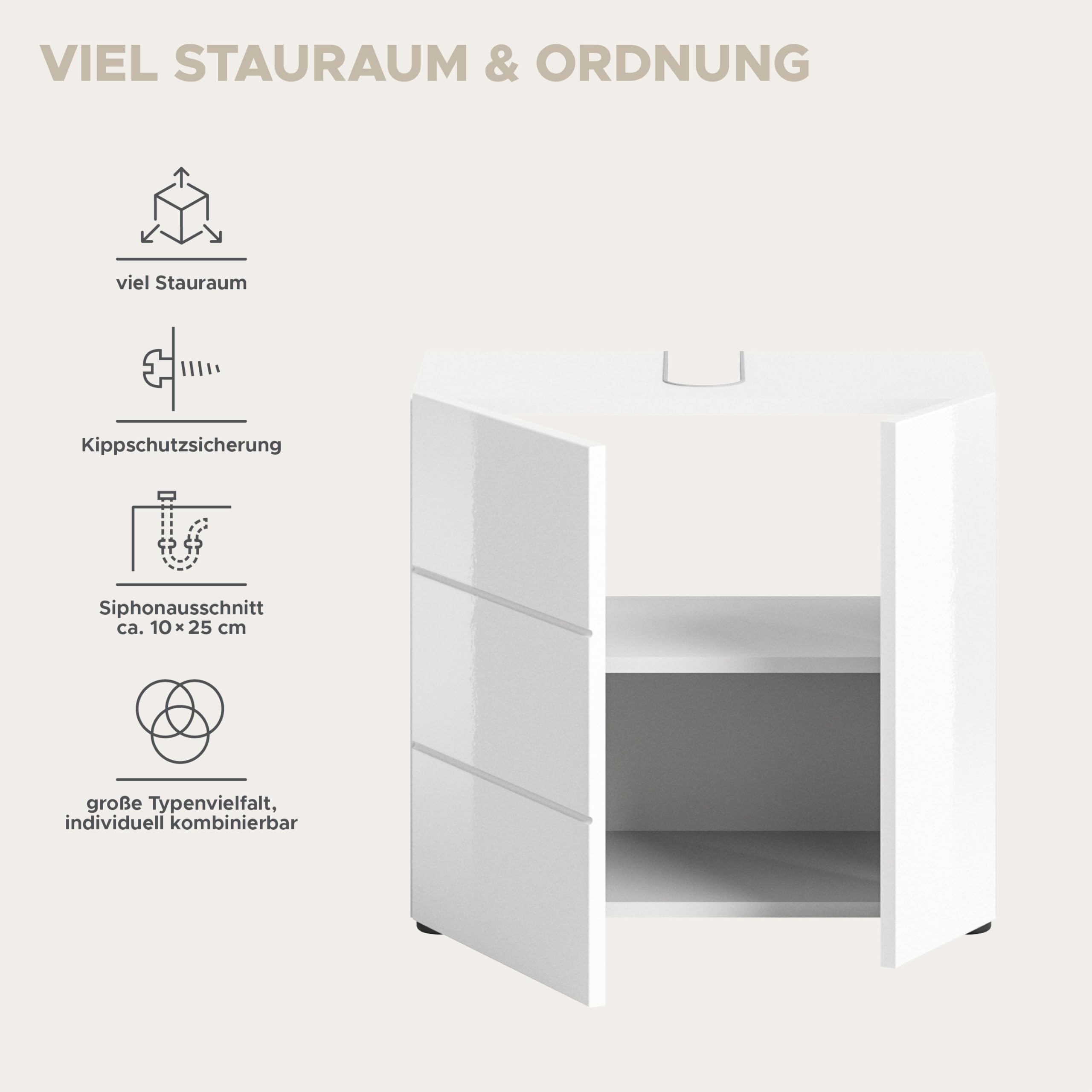 xonox.home - Waschbeckenunterschrank Vira 60x56x34 cm in Front weiß Hochglanz Tiefzieh Korpus weiß Melamin - Unterschrank Badezimmerschrank - modern, praktisch und funktional