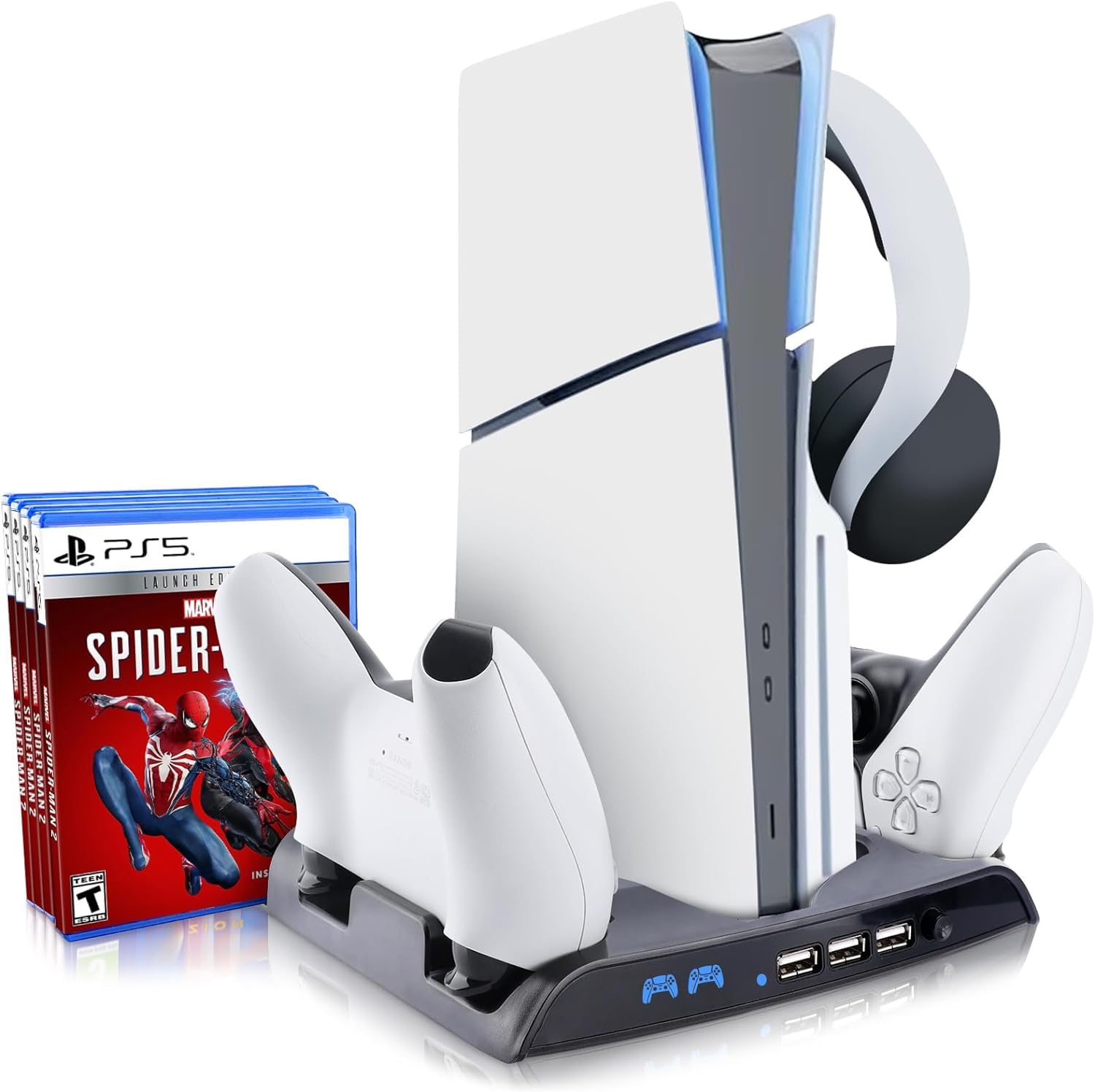 CENXI PS5 Slim Cooling Stand with Controller Charging Station Compatible with Playstation 5 Slim Console, PS5 Slim Accessory Incl. Cooling Fan, Headset Holder, 3 USB Hub, 8 Game Slots (- Black)