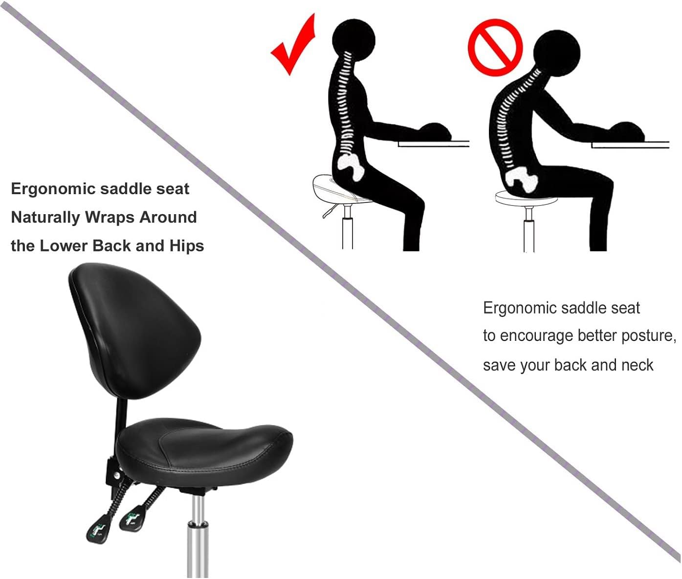 Kaleurrier Ergonomic Rolling Swivel Saddle Stool with Wheels - Hydraulic Lifting Height Adjustable Saddle Chairs for Clinic Hair Salon Lab Office Drafting Chairs (Black, with Back)