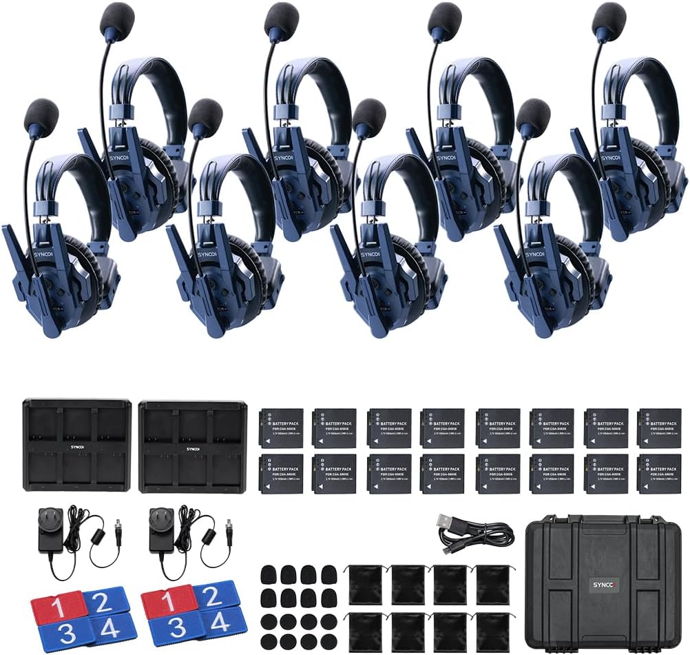 SYNCO XTALK Master 8 Users Wireless Intercom Headset System,A/B Team Selected Full Duplex Intercom Communication Headset App ENC 2.0 Noise Reduction Program Real-time Monitoring 500m/1640ft Range