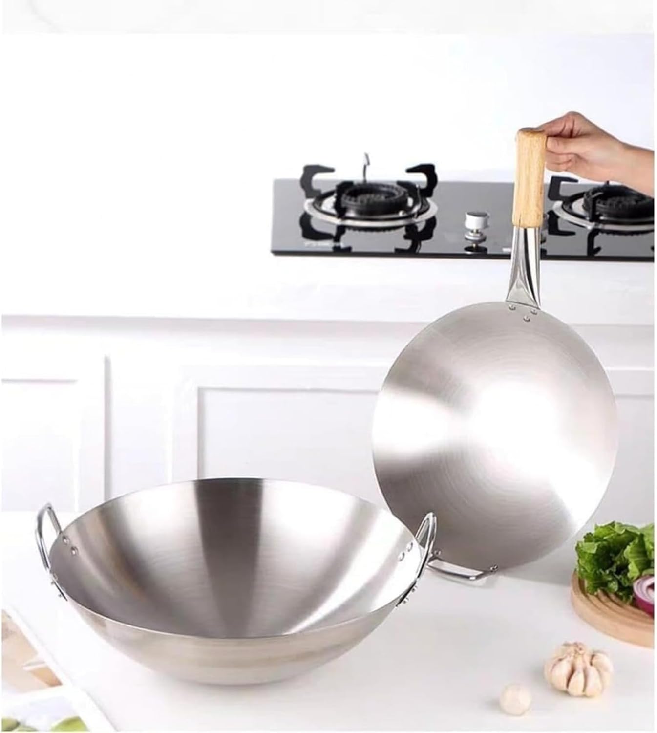 省エネステンレス炒め鍋 片手仕様 焦げ付きにくく ガス代節約 ガス火専用 軽量 自宅・キャンプ・業務用対応 持ち運び易 (32CM)