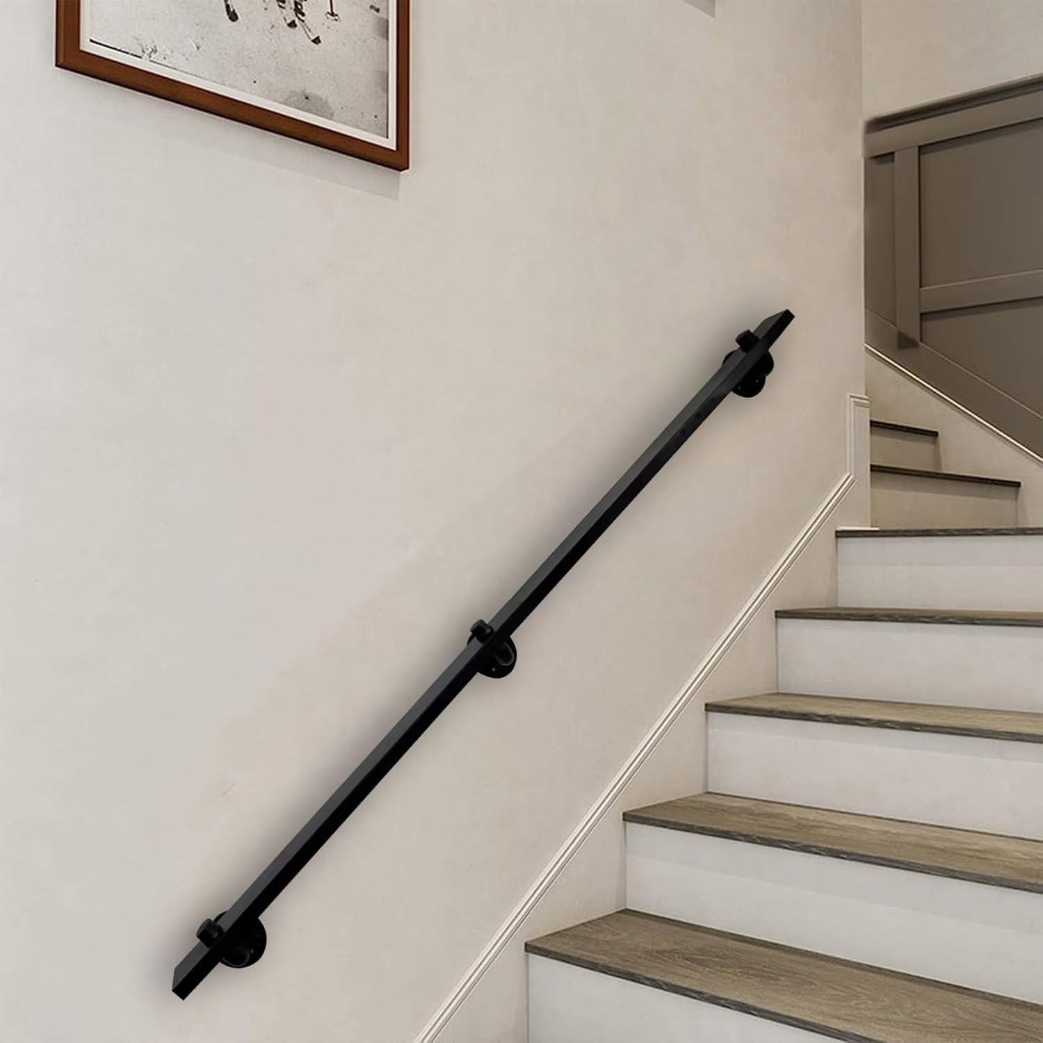 Stairs Banister Handrail Brackets 1ft-20ft Indoor Outdoor Wrought Iron Stairs Railing, Black Metal Staircases Hand Rail Wall Mount Safty Grab Bar(4 FT)