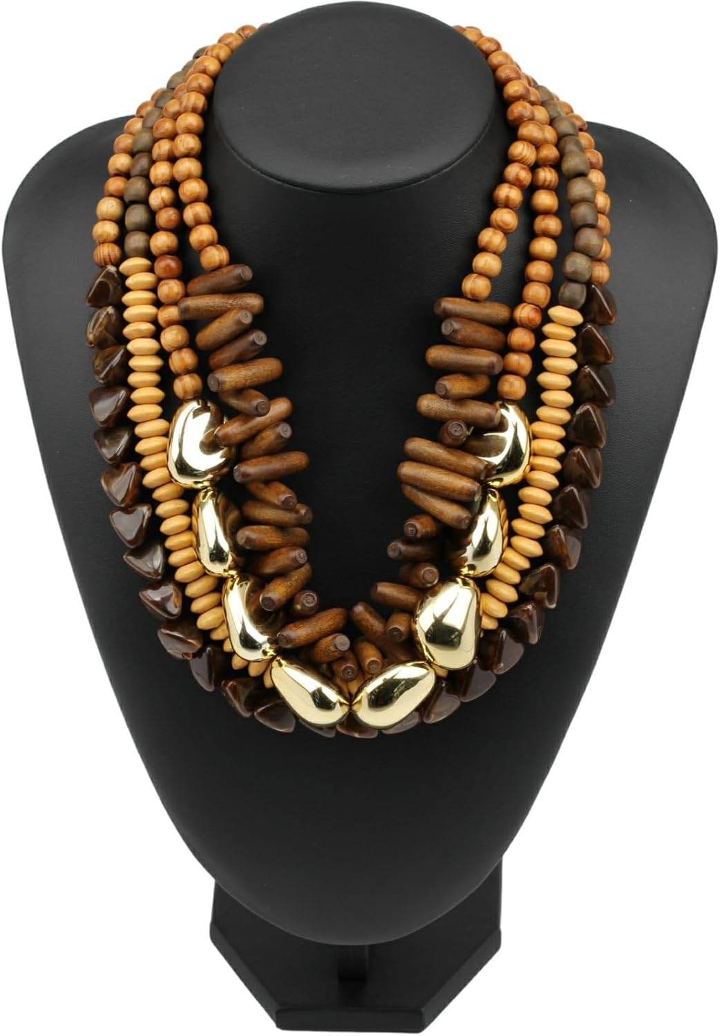 Multistrand Wooden Beaded Necklace for Women Chunky Statement Gold Color Charm Pendant Tribal Ethnic Fashion Elegant Jewelry - Image 2