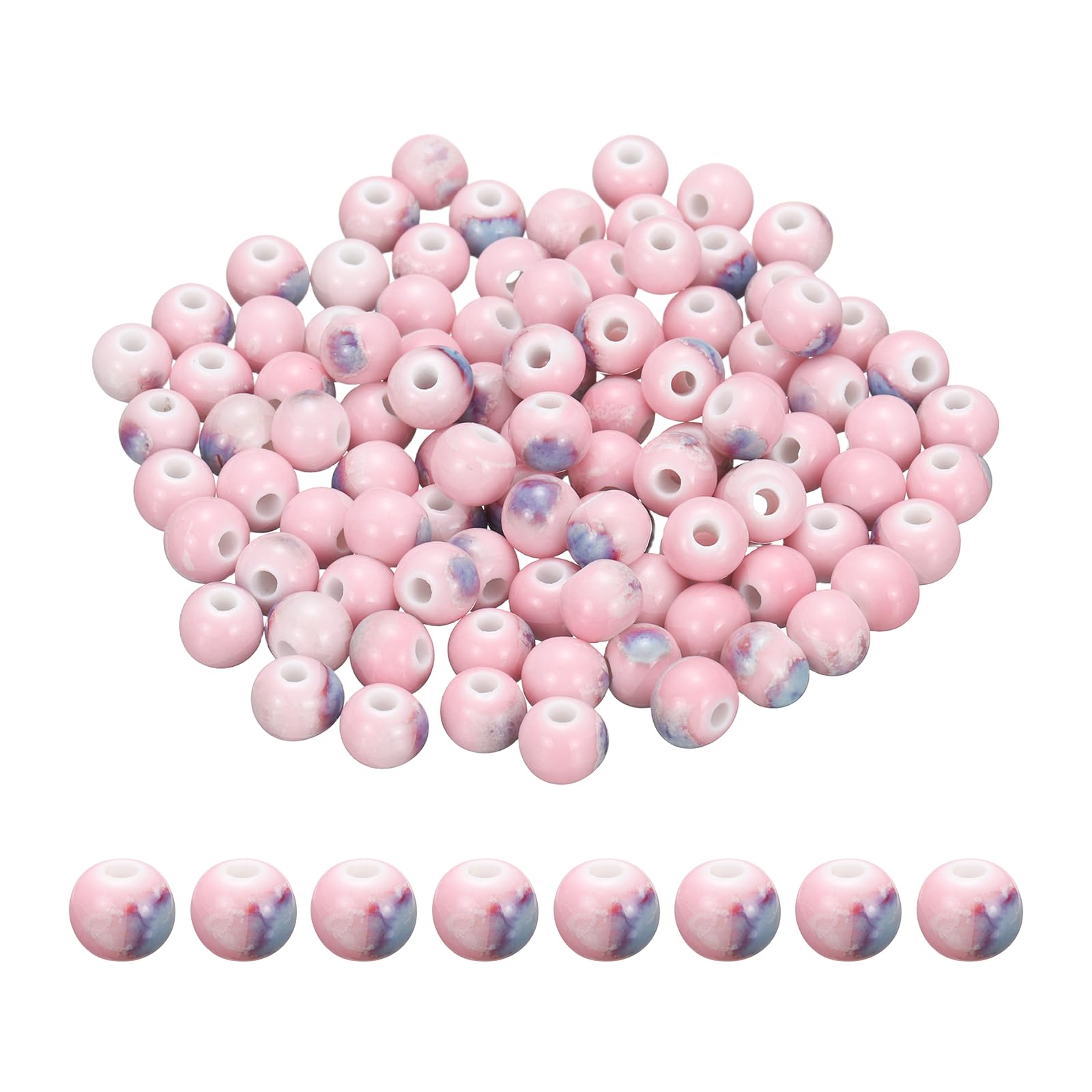 PATIKIL 100 Pcs Porcelain Beads, 8 mm Round Ceramic Handmade Spacer Loose Beads for Bracelet Necklace Earring Jewelry Making DIY Crafts, Glaze Change Pink