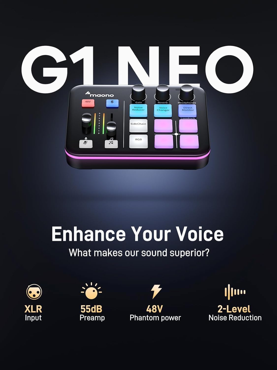 MAONO Kit Streaming Gaming: Interface Audio Mixeur et Microphone Dynamique XLR avec RGB et Réduction de Bruit – MaonoCaster PD200XS & G1 NEO