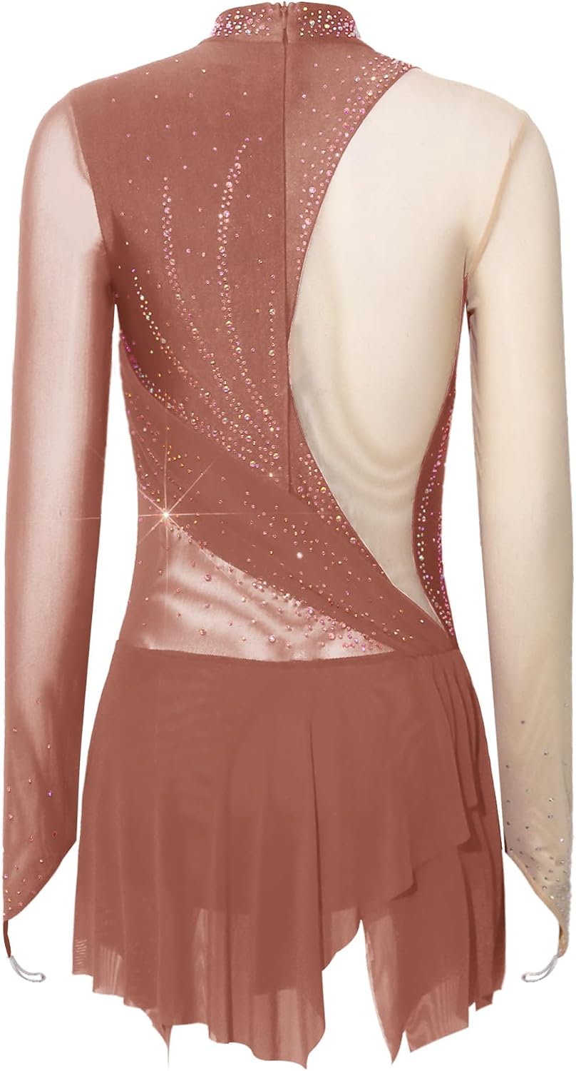Women Figure Skating Dress Long Sleeved Irregular Mesh Hem Leotard Skirt Contemporary Dancewear