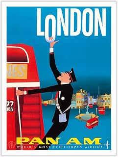 London England - Double Decker Buses Bovril and Schweppe - Pan American World Airways - Vintage Airline Travel Poster by Aaron Fine c.1950s - Bamboo Fine Art 290gsm Paper Print (Unframed) 24x32in