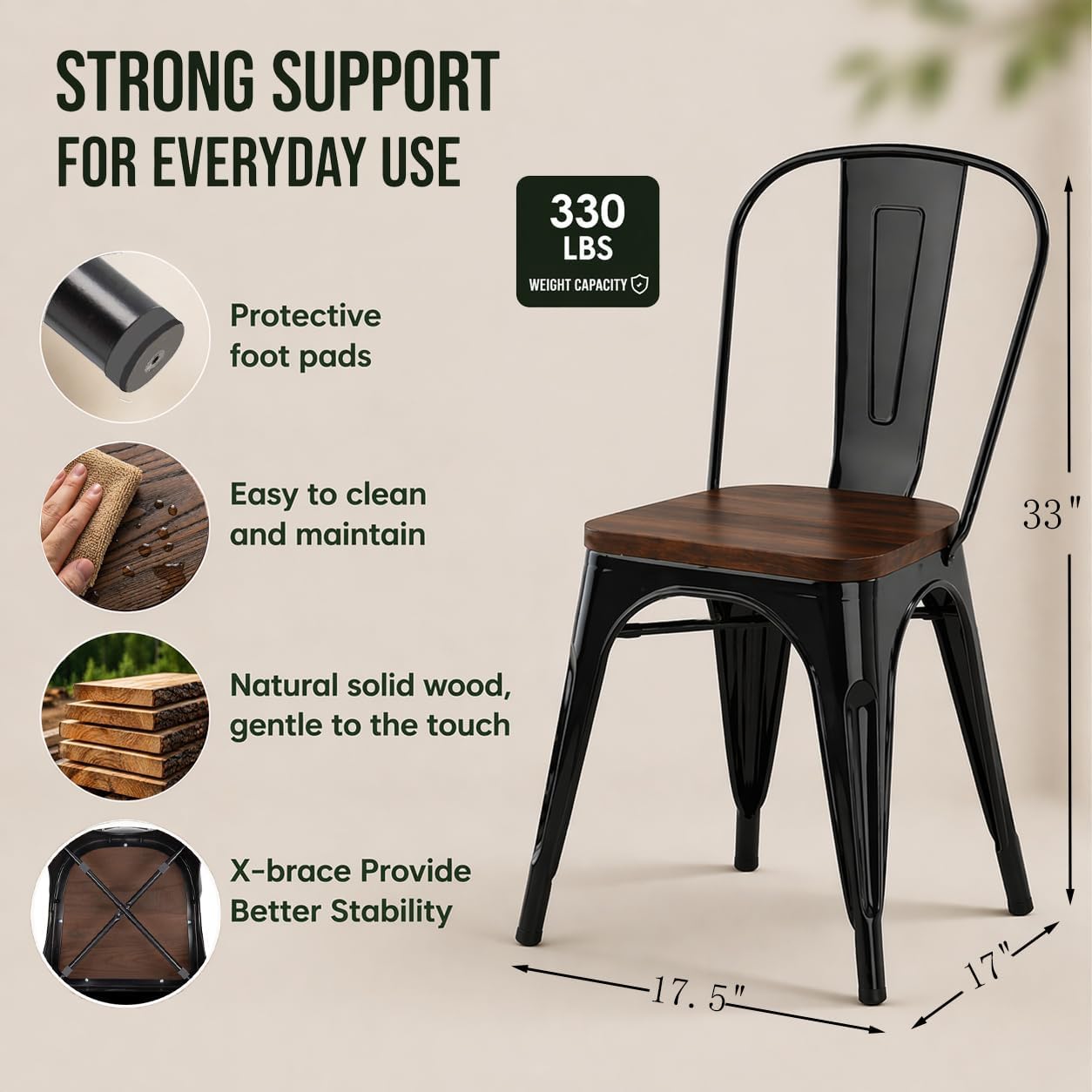 Black Metal Dining Chairs Set of 2 with Wood Seat, Stackable Metal Kitchen Chairs for Dining,Kitchen Room and Outdoor Patio