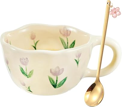 Yalucky Cute Mug Ceramic Coffee Mug with Handle and Spoon Aesthetic Flower Mug Autumn Fall Mug Kawaii Birthday Christmas Mug Gifts for Women Unique Coffee Mugs Latte,Cappuccino,Tea MugPurple