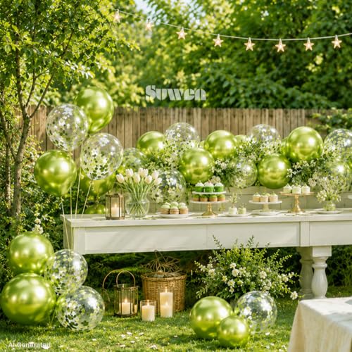 Image of SUWEN Metallic Lime Green and Confetti Balloons Set 47PCS Neon Green Latex | Helium Chrome Balloon for Birthday Anniversary Party Decorations