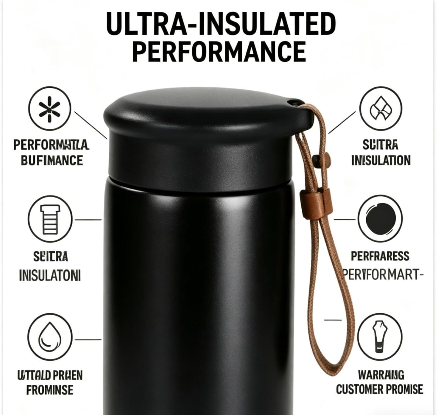 10 oz samll Vacuum Insulated Stainless Steel Water Bottle, BPA‑Free Leakproof Travel Mug with Leather Strap, Lightweight Pocket Tumbler for Hot & Cold Drinks, Office, School, Outdoor (Black)