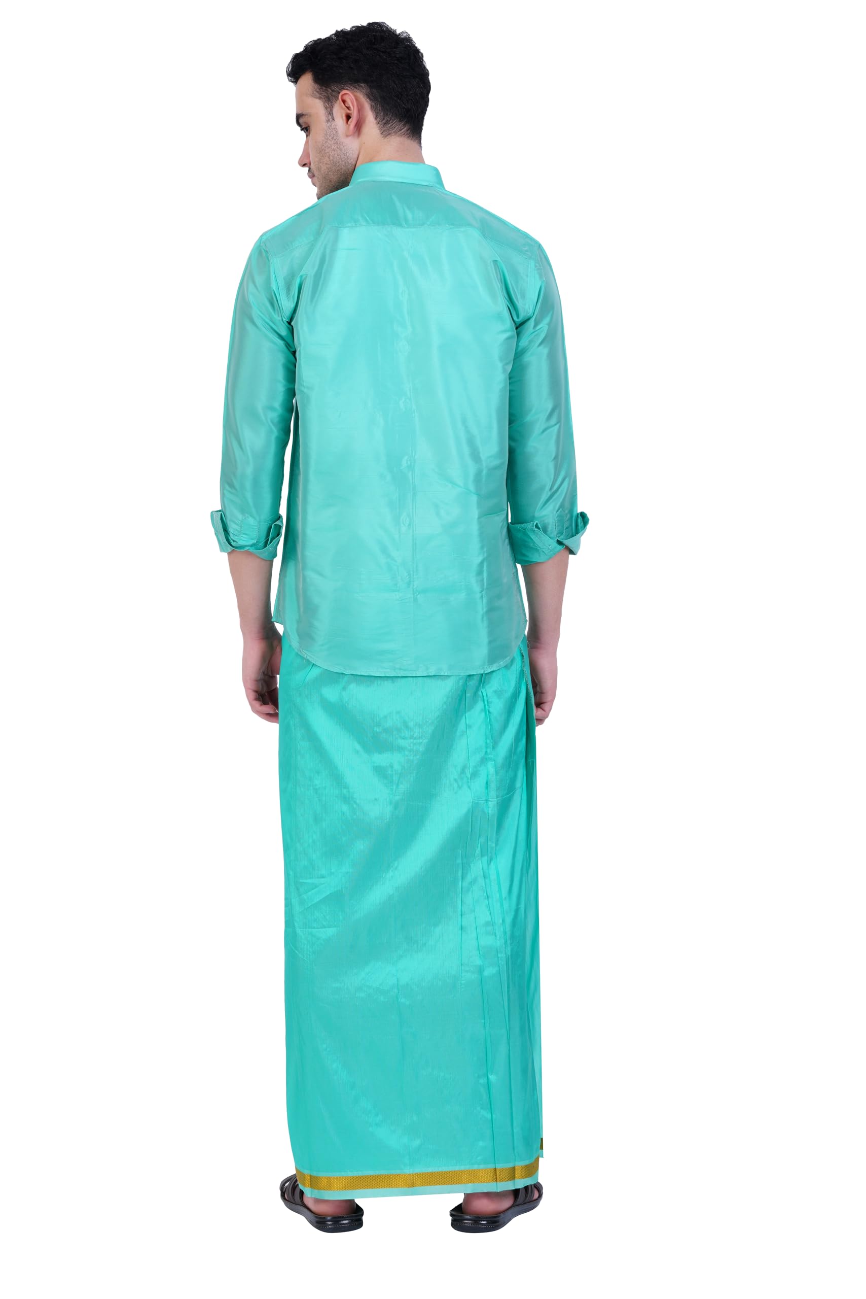 Prakasam Cotton-Mens Art Silk Wedding Set/Art Silk 8 Mulam (8-Yard) Dhoti And Stitched Half Sleeve Shirt