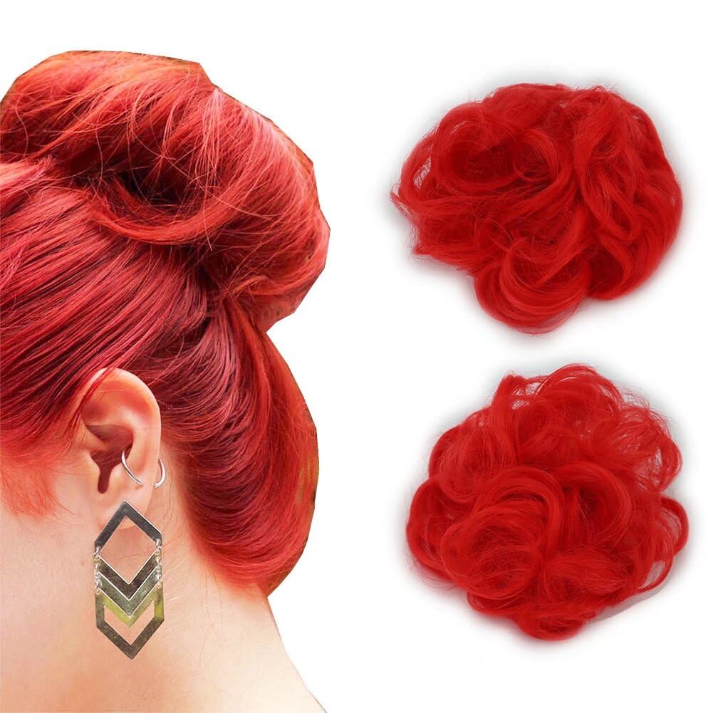 LaLuLoLi Red Color Scrunchy Updo Wavy Hair Bun Messy Elastic Chignons Synthetic Hairpiece Curly Hair Extension Scrunchies for Women Girl Lady Party(#113 Bright Red