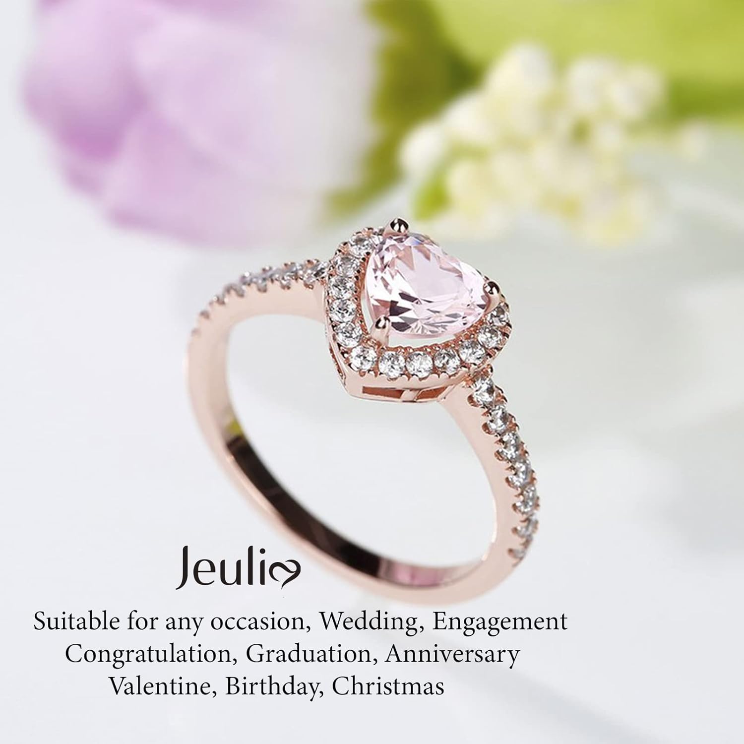 Jeulia 3 Carat CZ Solitaire Engagement Rings Halo Heart Cut Synthetic Morganite Sterling Silver Ring Bridal Wedding Band Promise Anniversary Rings