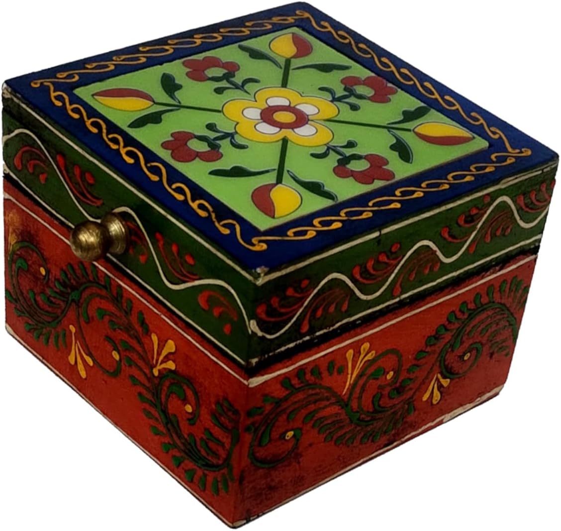 Purpledip Wooden Box For Storing Small Items: Colorfully Handpainted With Ceramic Tile On Lid (12720)