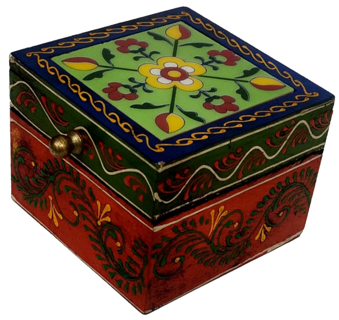 Purpledip Scatola di legno: Om Lotus Carving & Brass Fixtures (12335