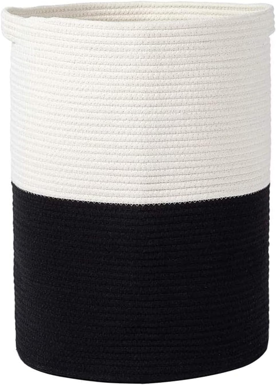 Tall Woven Laundry Hamper, Large Cotton Rope Basket with Handles Color Matching Diaper Storage Basket Laundry Bin for Blankets Comforter Cushions Clothes Toys, 13.8 x 13.8 x 20 inches, Black & White