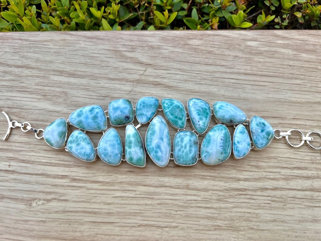 Larimar bransoletka damska z naturalnym niebieskim kamieniem szlachetnym, ręcznie wykonana, ze srebra wysokiej próby 925, regulowana, larimar, srebrna bransoletka larimar, regulowana, srebrna