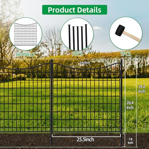 6 Panels No Dig Decorative Outdoor Garden Fence, 34.2 in(H) X 12.8 ft(L) Animal Barrier Fencing, Rustproof Metal Wire Panel Border with Rubber Mallet, Temporary Ground Stakes for Patio, Outdoor