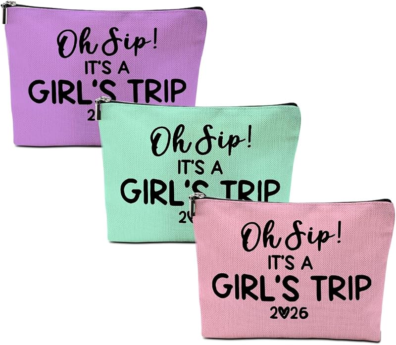 3Pcs Girl Trip 2026 Makeup Bag Funny Girls Trip Gifts Favors Girls Weekend Gifts Weekender Bag Summer Vacation Birthday Graduation Cosmetic Bags Travel Toiletry Bags Friendship Gift for Women Bestie