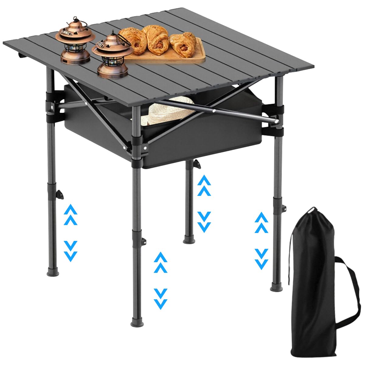 TENGTU Mesa de Camping Plegable Portátil, Altura Ajustable con Cubierta Antideslizante, Mesa Plegable Chica para Acampar, Exteriores, Playa, Jardin, Barbacoa, Picnic, Senderismo