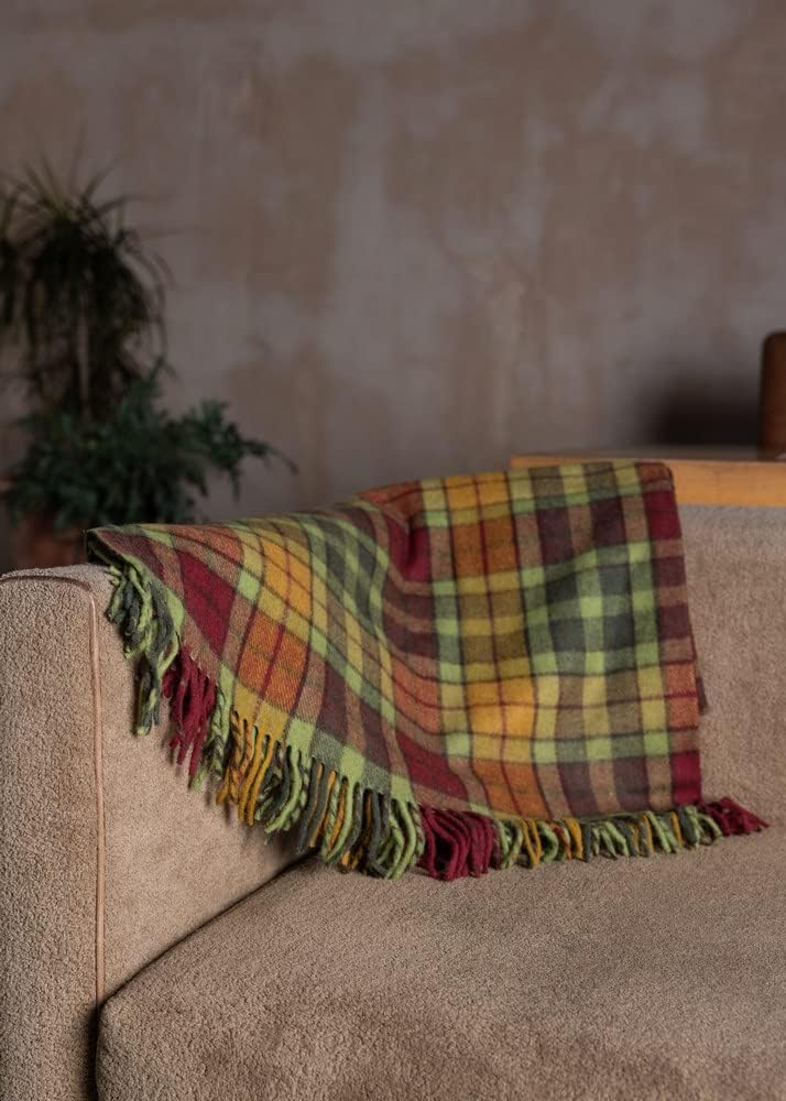 The Scotland Kilt Company Picnic Rug Scottish Tartan Throw in Buchanan Autumn - Warm 100% Wool Travel Blanket with Fringed Edges - 60 x 70
