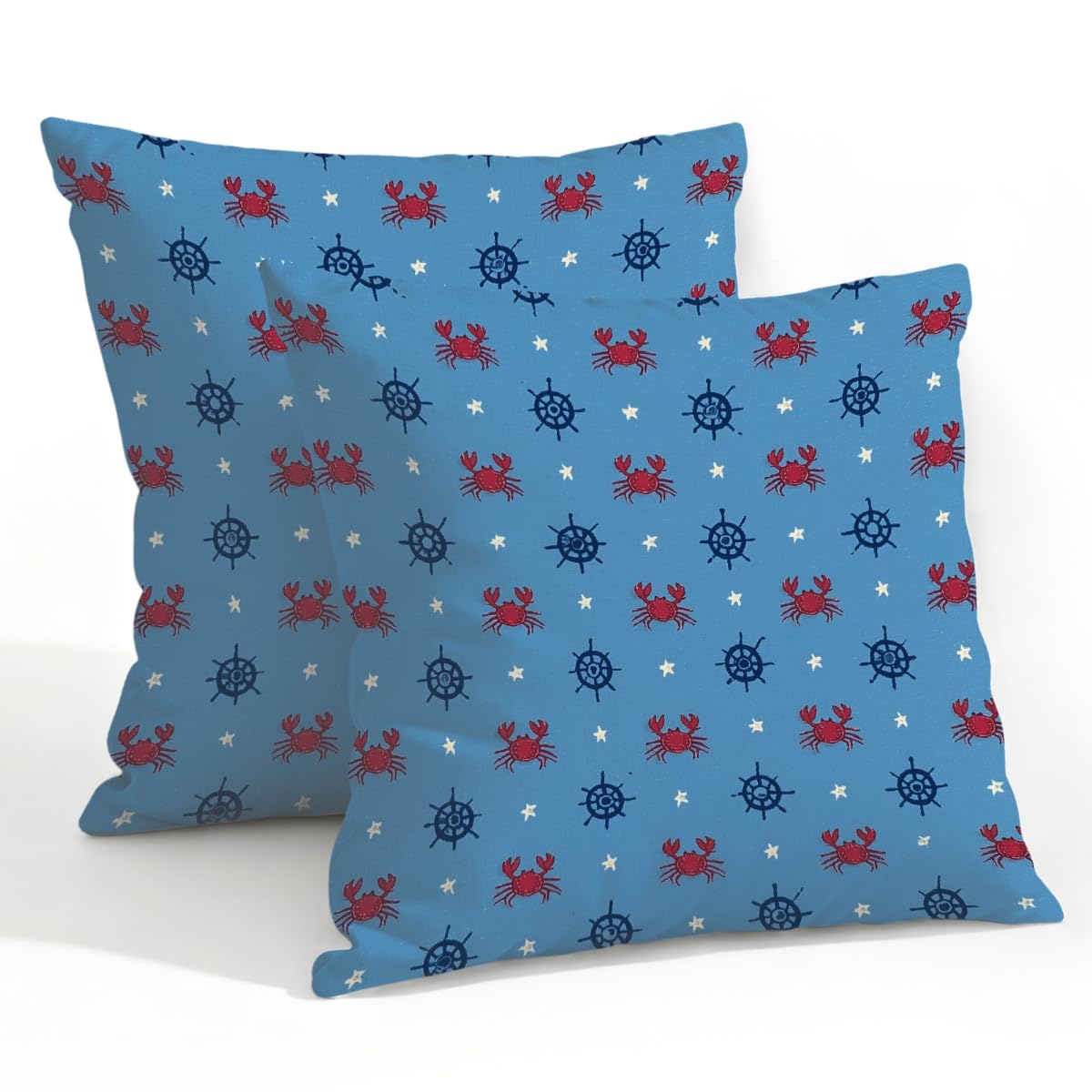 Outdoor Pillow Covers Waterproof Pillowcases 22x22in Set of 2 Cute Ocean Crabs Nautical Rudders On Blue Decorative Throw Cushion Case for Couch Sofa Garden Patio Furniture