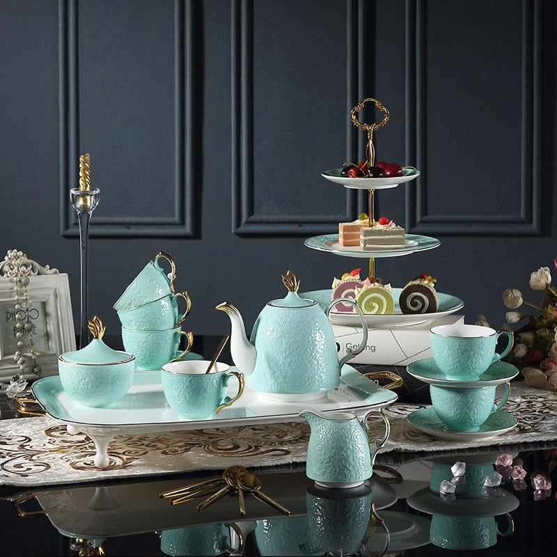 Light Luxury Gold Rimmed Bone China Coffee Cups Saucers Household Afternoon Tea Sets Utensils with Trays