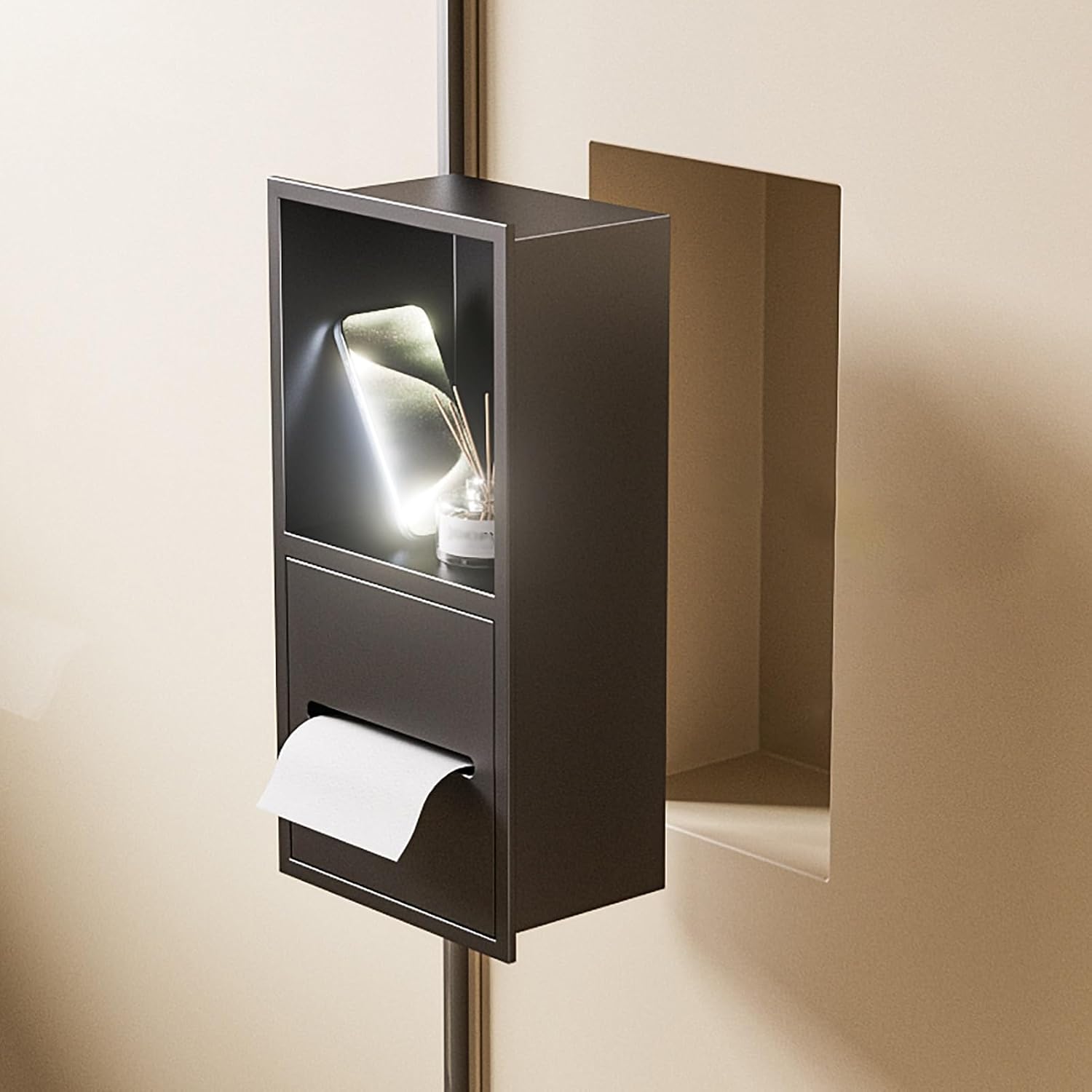 Black Wall Mounted Toilet Paper Holder with Phone Shelf, Waterproof Recessed Tissue Box Organizer, Built-in Shower Storage Cabinet for Bathroom