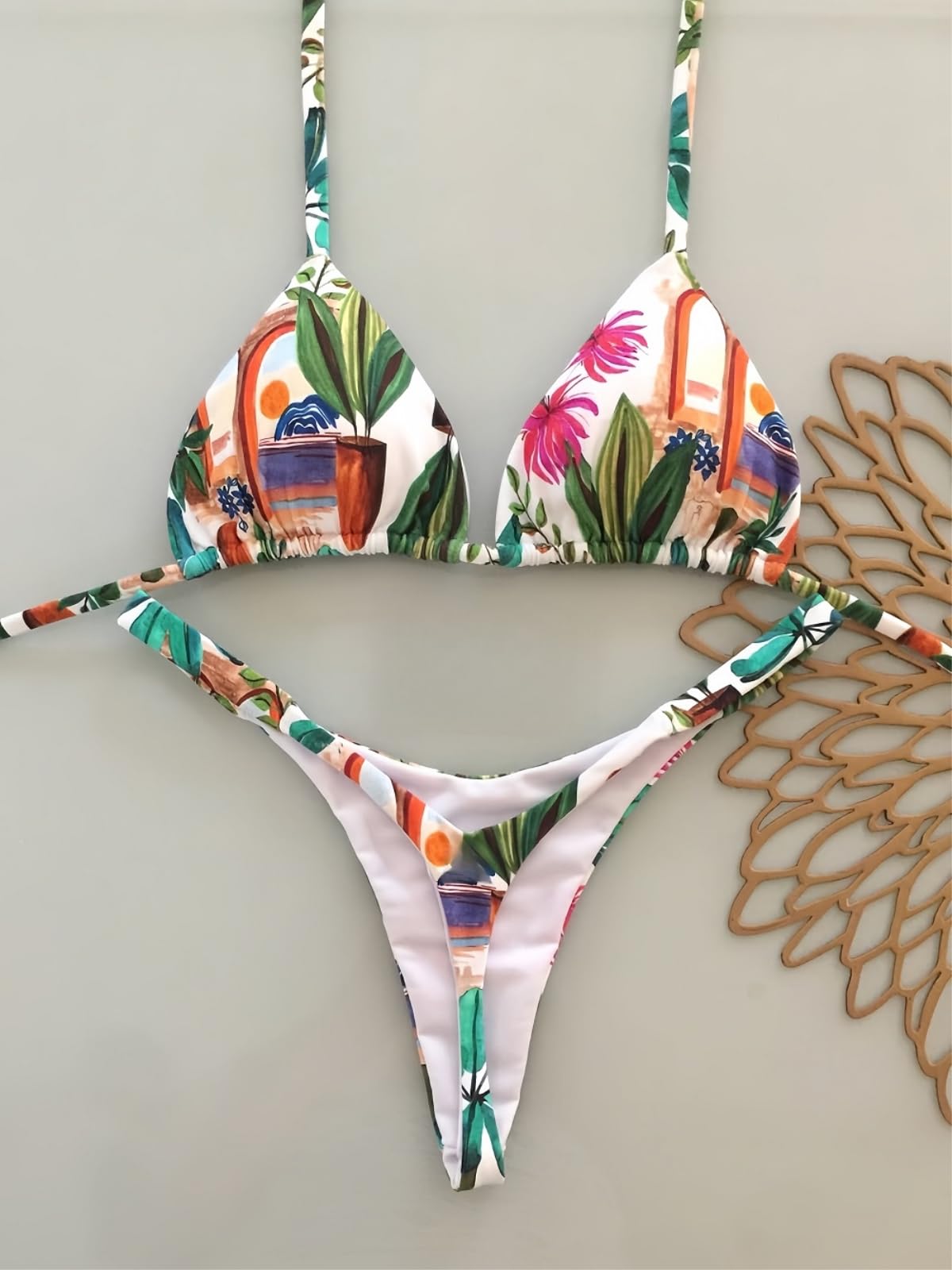 Set Bikini Donna Donne Tropicale Paesaggio Floreale Due Pezzi Regolabile Cravatta Triangolo Alto Taglio Capriccioso Costume da Bagno per La Spiaggia PisChina