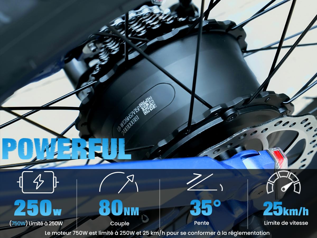 Vélo Électrique en Aluminium Rover 26Pouces, 250W 25 km/h 52V 16Ah 811Wh 101 km, Suspension intégrale, Freins à Disque Hydrauliques