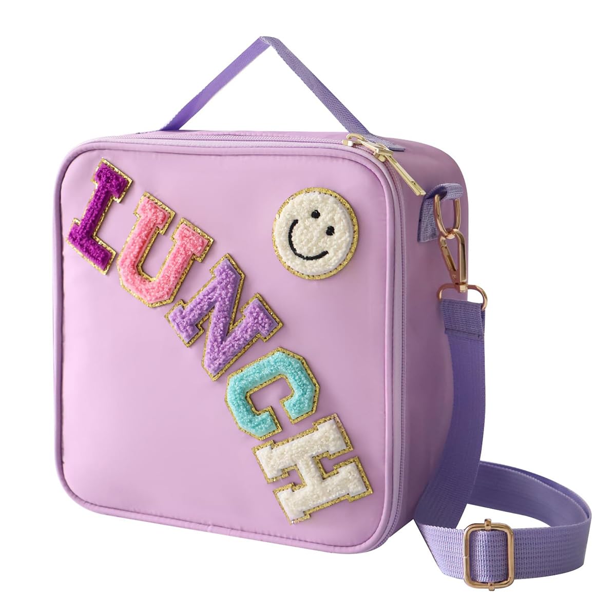 EHOTER Insulated Lunch Bag with Adjustable Shoulder Strap, Nylon Preppy Lunch Box Large Insulated Lunch Bag Reusable Lunch Tote Bag with Smiley Preppy LunchBag for Girls School Travel Picnic (Purple)