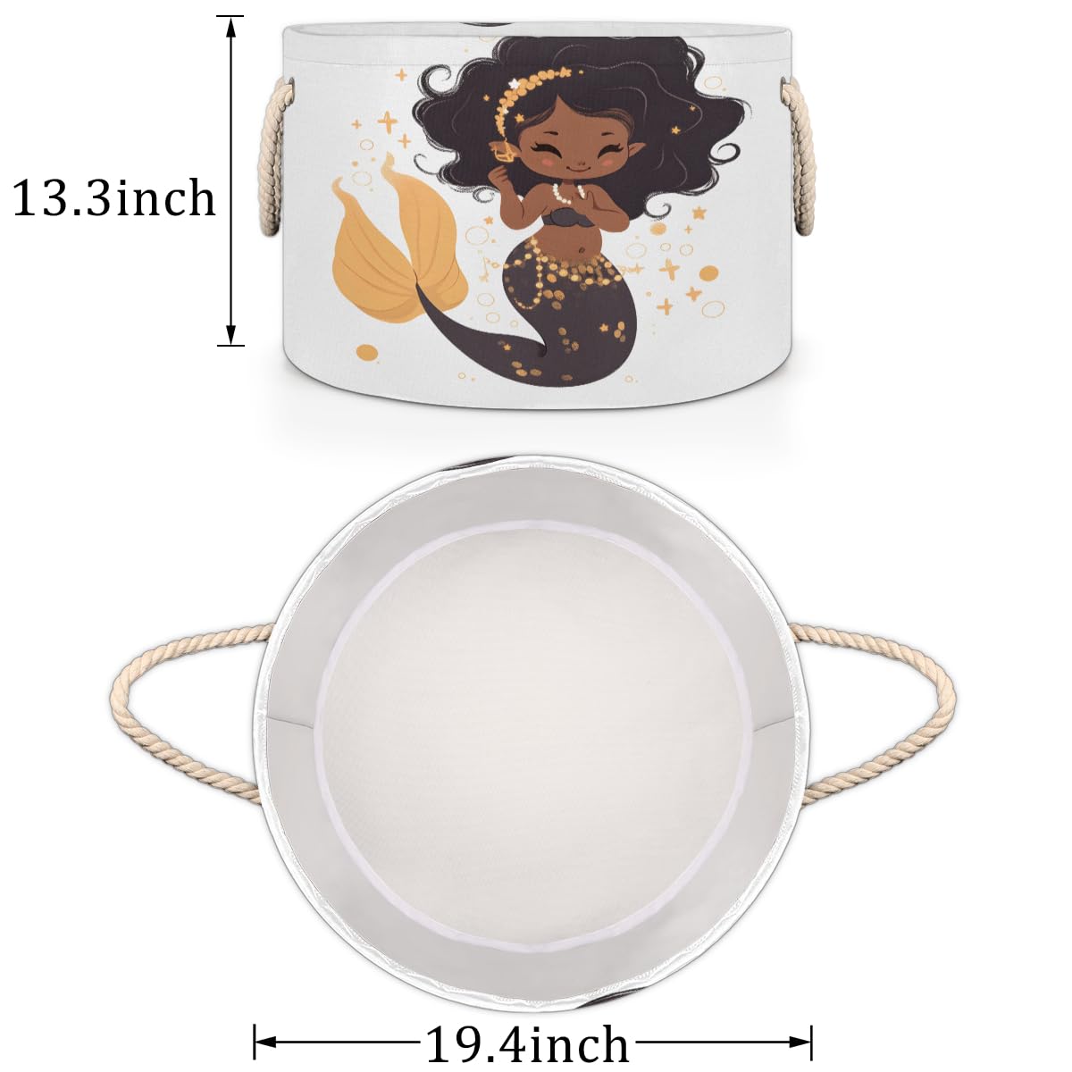 Black Mermaid Girl Round Baby Gift Baskets,Marine Round Decorative Storage Box Canvas Fabric Organizer with Handles,Baskets Bin for Home Shelves Closet Nursery Gifts