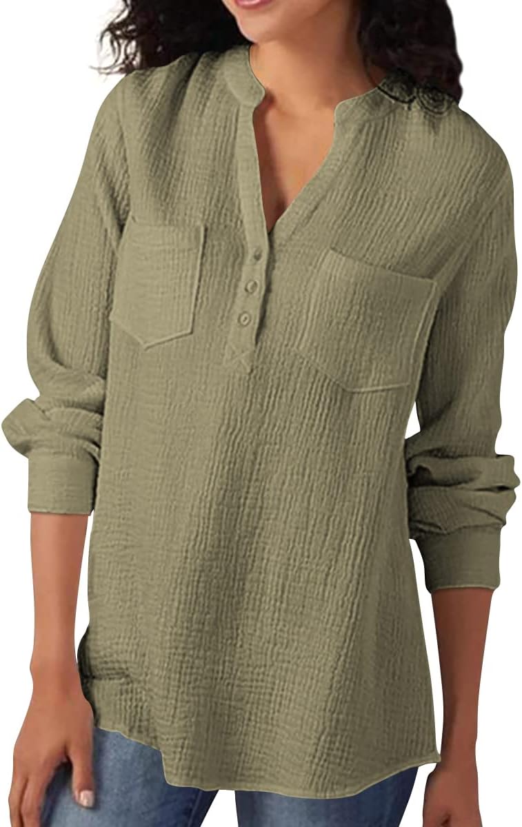 Womens 100% Cotton Tunic Long Sleeve V Neck Gauze Shirt Casual Work Lounge Blouse Tops