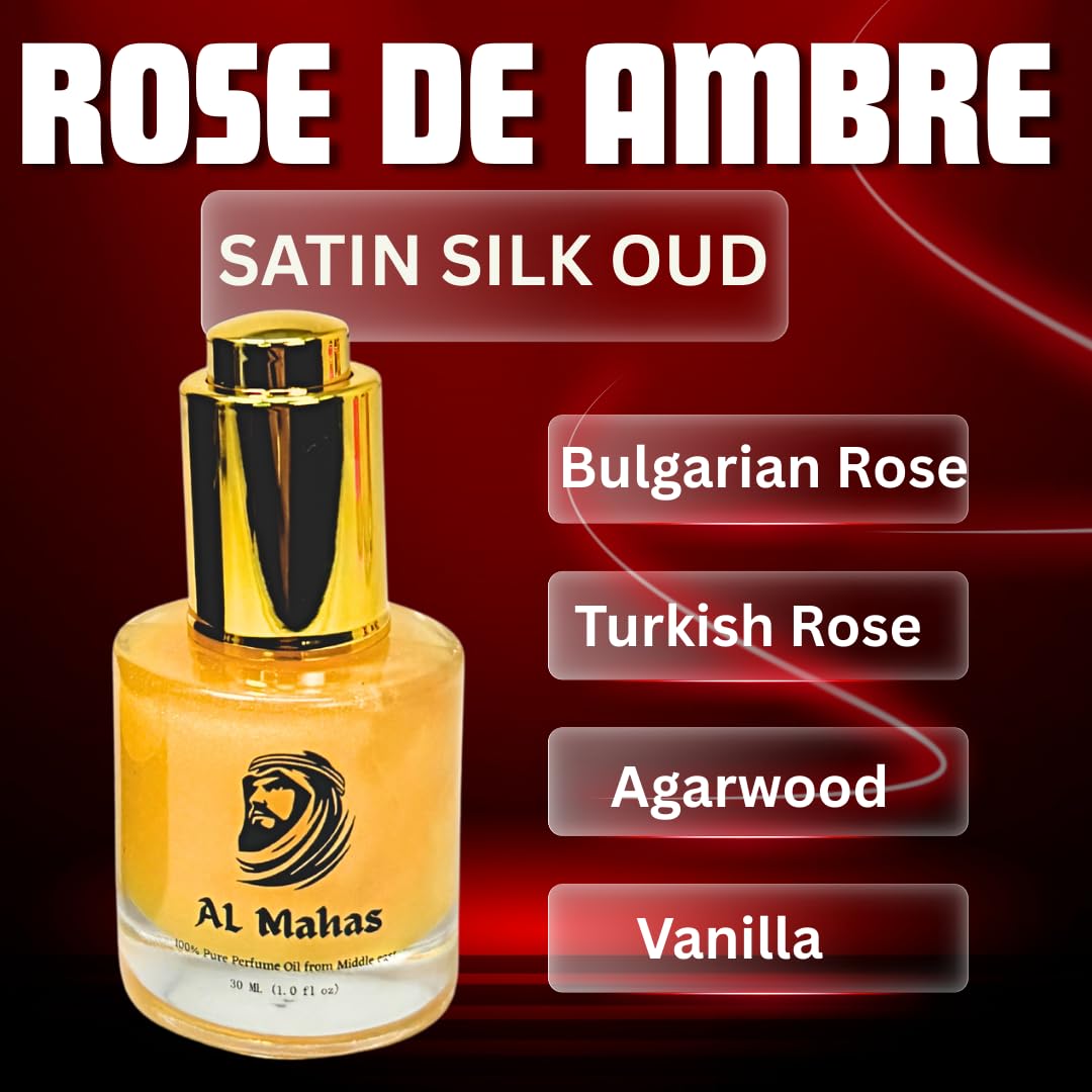 Rose De Ambre (50 ML) Long Lasting Unisex 100% Pure Perfume Oil. Notes: Rose (Bulgarian and Turkish), oud (Agarwood), vanilla, and violet.