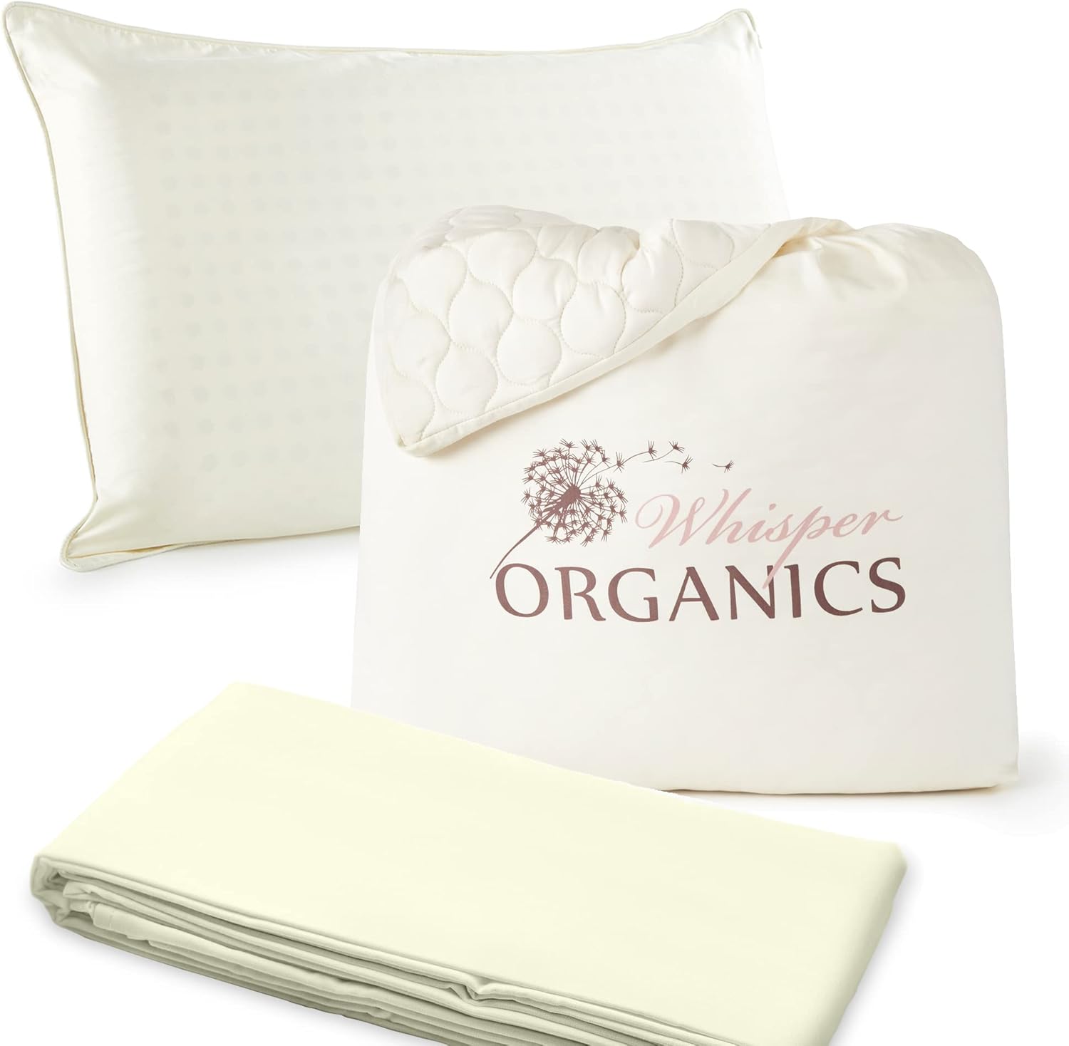 Whisper Organics, 100% Organic Quilted Fitted Mattress Protector, Pillow Protectors, and 300 Thread Count Fitted Sheet- GOTS Certified (Queen Size)