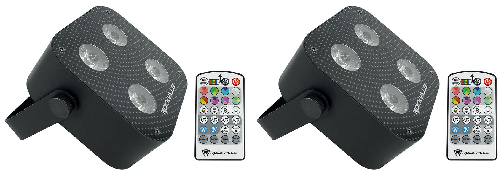 2 Rockville MINI RF4 Black RGBWA+UV DJ/Party LED Wash Lights+4-Ch. RF Par Remote