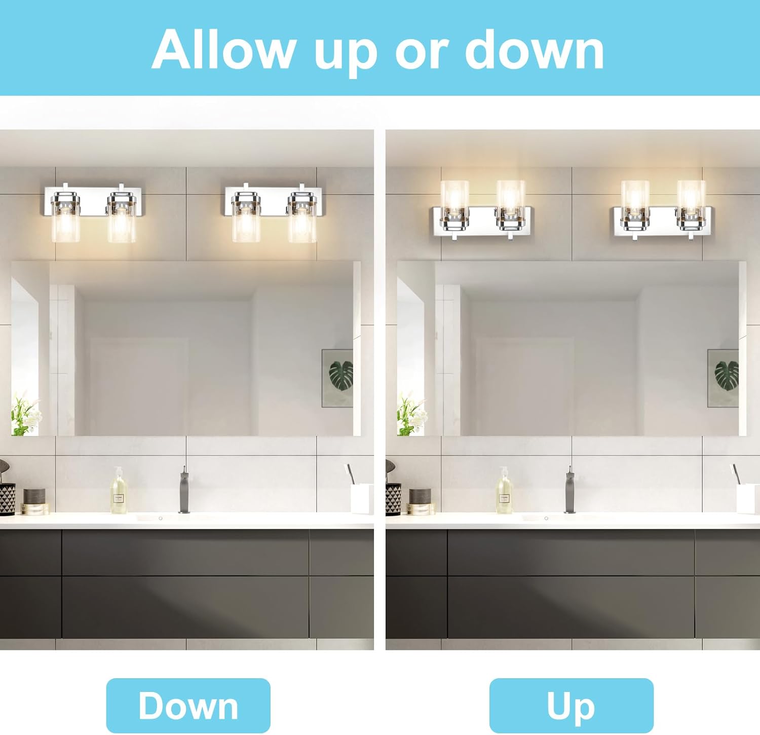 2-Light Vanity Light Fixture, Bathroom Wall Sconces, Bathroom Vanity Lighting Over Mirror | Square Clear Glass Shade | Bulbs Not Included | E26 Socket | Chrome