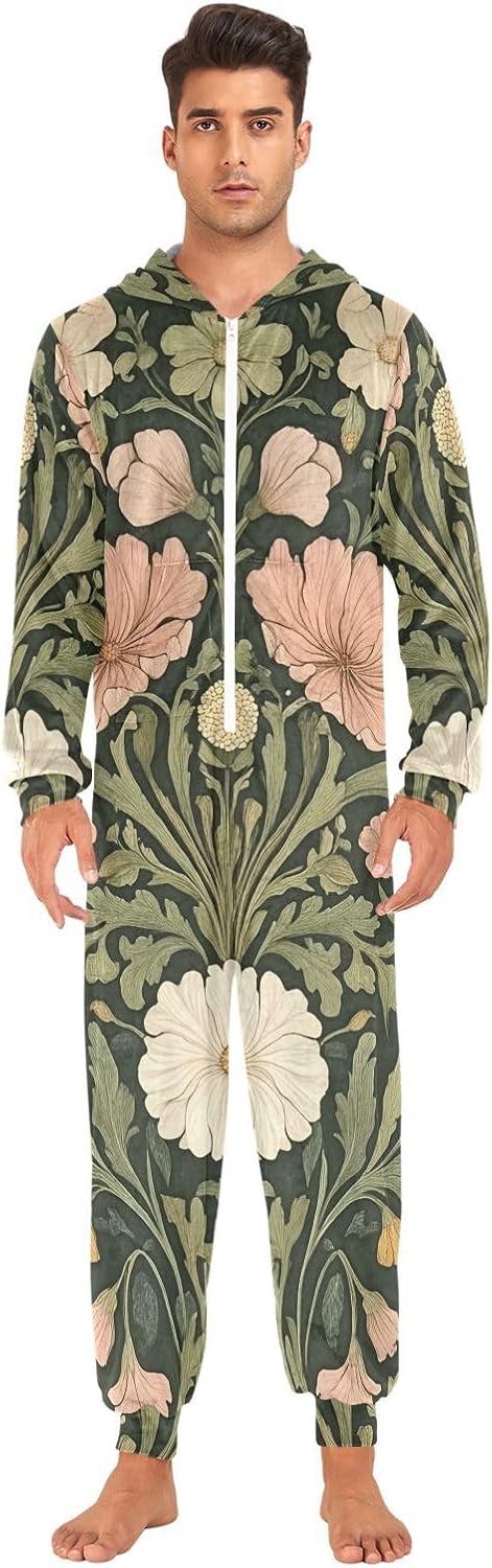 GAIREG Floral Dark Green Men's Women's Hooded Onesie Pajamas, Christmas Pajama Onesie for Adults