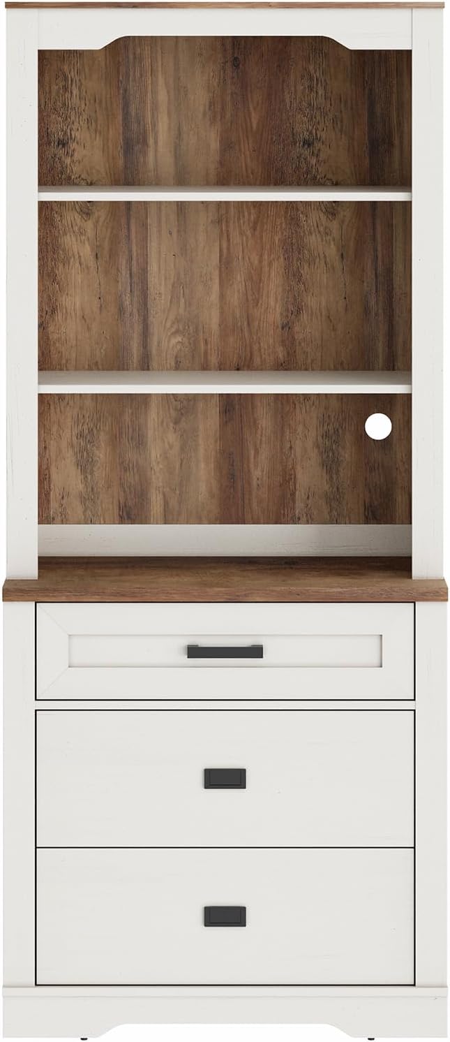 WAMPAT 73.3" Tall Bookcase with Chest of Drawers, 31.5 inch Wide Standing Rustic Bookshelves, Modern Farmhouse Display Storage Cabinet with Adjustable Shelves,Antique White
