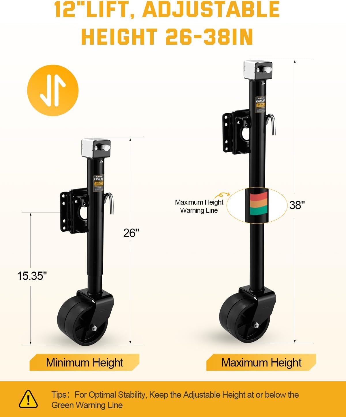2500lbs Trailer Jack with Dual Wheel, 20-24V Cordless Drill Compatible, Heavy Duty Bolt on Trailer Tongue Jack for RV and Utility Trailer, Boat, 12" Lift Black