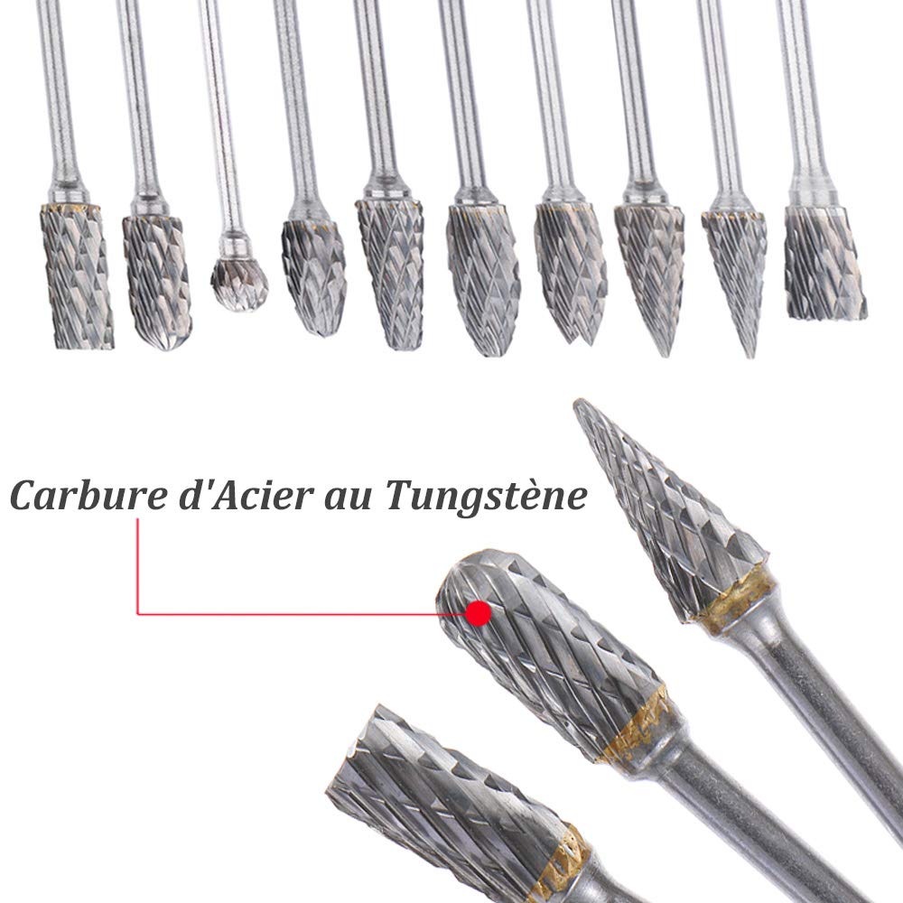 10PCS 3mm (1/8")Tige Longue Double Coupe Fraises en Carbure de Tungstène Limes Rotatives Fraises Diamantées Ensemble d'Embouts pour Outil Rotatif de Meuleuse, Longueur:100mm