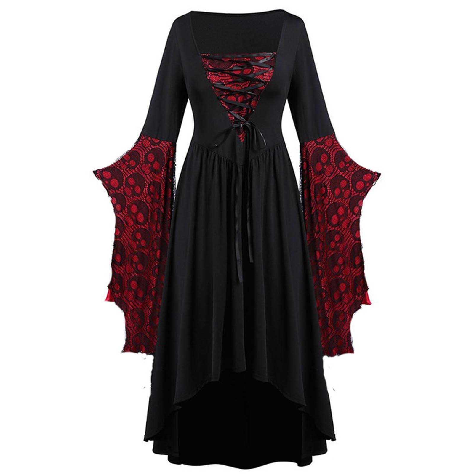Faschingskostüme Damen Spitzenkleid Damen Totenkopf Druck Schnürung Perfekt Für Gothic Und Halloween Totenkopf Kleid