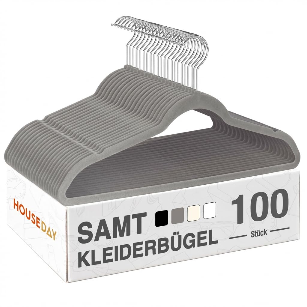 HOUSE DAY Kleiderbügel Samt 100er Set, Kleiderbügel Platzsparend, Bügel rutschfest und Samtbügel Schmal mit 360° Drehbarer Haken, für Hemden, Anzüge, Mäntel, Pullover, Hosen, Dunkles Grau
