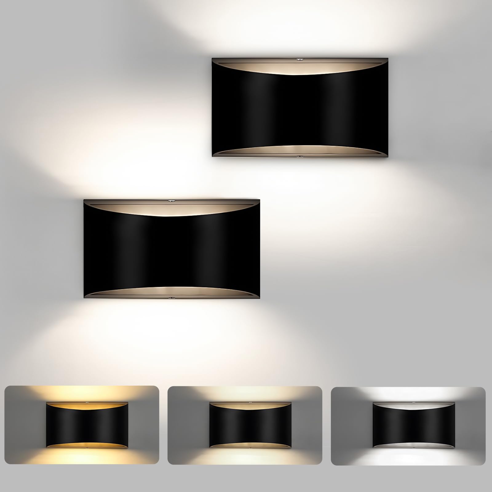 Modern LED Wall Sconces Set of 2 Matte Black, 3 Color Temperatures Hardwired 500LM 10W Up and Down Interior Wall Lights for Living Room Bedroom Hallway